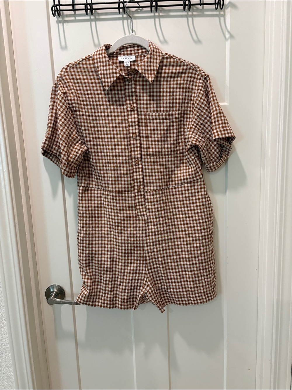 Brown Gingham Short Sleeve Romper